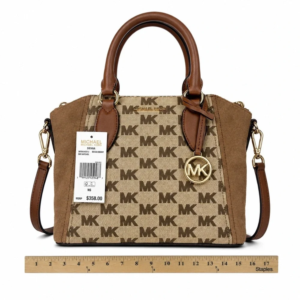 Michael Kors Sienna Small Satchel Beige Ebony Logo Canvas Suede 38T6G4SS1J